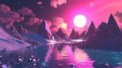 Poster - The surface of a planet with diamond mountains and crystal lakes under the light of a binary star system, surreal atmosphere