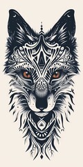 Poster - Fox head with elaborate tribal patterns in a flat lay composition.