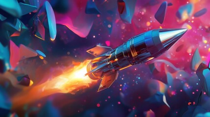 Aufkleber - A sleek rocket propels through a vivid cosmic setting, leaving a trail of fiery exhaust. Surrounding it are colorful celestial fragments and swirling patterns of light, creating a dynamic atmosphere.