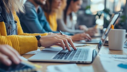 Poster - Close-up of a woman's hand typing on a laptop keyboard with colleagues in the background
