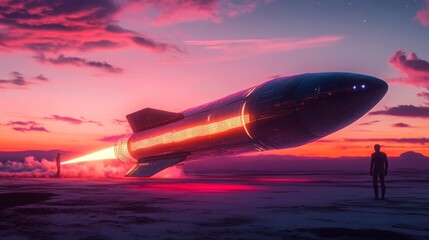 Poster - A sleek rocket prepares for launch against a breathtaking sunset backdrop, casting bright hues across the sky. The silhouette of a figure stands nearby, marveling at the technological marvel.