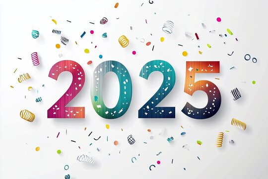 The numbers 2025 are decorated in a modern style. Colorful New Year logo in minimalist style. Colored numbers Happy New Year.