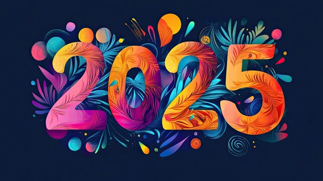 The numbers 2025 are decorated in a modern style. Colorful New Year logo in minimalist style. Colored numbers Happy New Year.