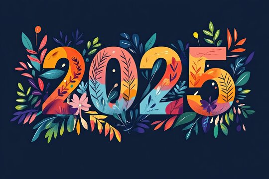 The numbers 2025 are decorated in a modern style. Colorful New Year logo in minimalist style. Colored numbers Happy New Year.