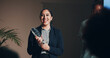 © KayExam/peopleimages.com - Business woman, smile and celebration at award ceremony as winner, guest or host. Female person, presenter and environmental summit success with conference, seminar or convention for renewable energy