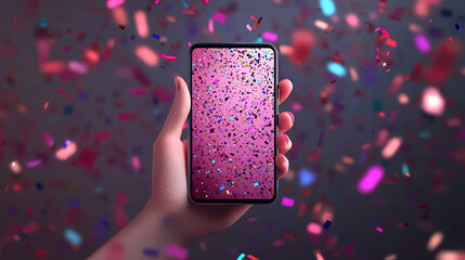 Poster - A hand holding a smartphone with a colorful confetti background.