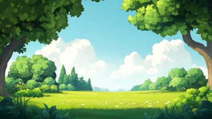 Sticker - A lush green field with a clear blue sky and two trees in the background