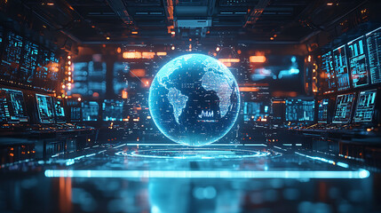 Aufkleber - Futuristic control room with a glowing blue Earth globe at the center, surrounded by monitors displaying data and information.