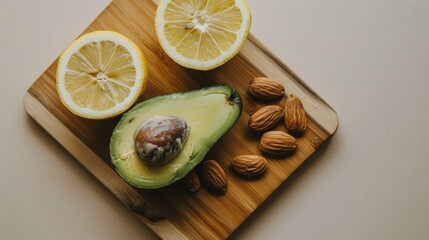 Wall Mural - Halved avocado, almond nuts, and lemon slices rest on a wooden board, creating a rustic, healthy ensemble under soft lighting.