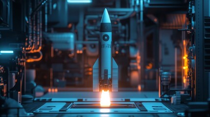 Fototapete - A small rocket ignites as it prepares for launch in a high-tech lab illuminated by blue and orange lights. The atmosphere is intense, showcasing advanced technology surrounding the launch pad.