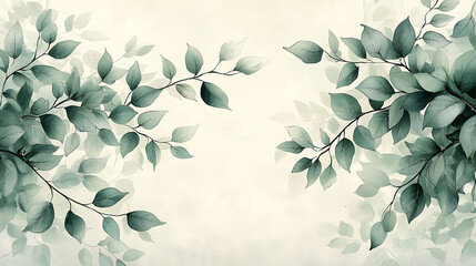 Leinwandbilder - A delicate watercolor illustration of green leaves on branches, with a soft, pale background.