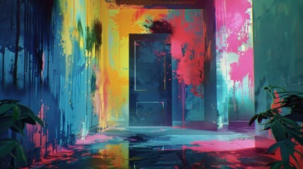 Wall Mural - A colorful room with a door that is painted blue. The room is filled with paint splatters and has a graffiti-like feel to it