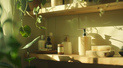 Wall Mural - Sunlit shelf adorned with skincare items and lush plants, capturing a serene moment of natural beauty and self-pampering indulgence.