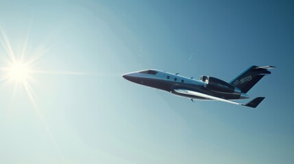 Sleek private jet soars under the bright sun, silhouetted against a clear, expansive blue sky, embodying luxury and freedom.