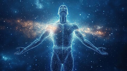 Aufkleber - human body made from atoms and particles spread in the air, daylight background, generative ai