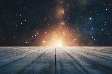 Poster - A wooden floor with a starry sky above it. The stars are scattered all over the sky, creating a sense of wonder and awe. The scene is peaceful and serene