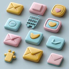 Poster - A collection of colorful, 3D icons on a blue background, representing social media, communication, and online shopping.