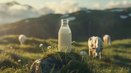 Poster - In a sunlit meadow, a milk bottle stands serenely among daisies as cows graze in the background under a picturesque sky.