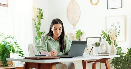Poster - Writing, notes and woman in home office with laptop, info and checking email for project ideas. Remote work, report and freelancer at desk with computer, business planning or online article research