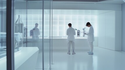 In a sleek white laboratory, two researchers focus intently on scientific equipment, epitomizing modern innovation and the pursuit of knowledge.