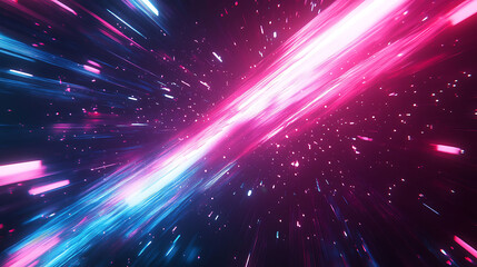 Aufkleber - Abstract background with pink and blue glowing lines and particles on a black background.