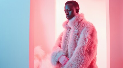 Bathed in soothing pink and blue hues, a thoughtful individual in a lavish fur coat stands in a glowing hallway, embodying modern elegance.