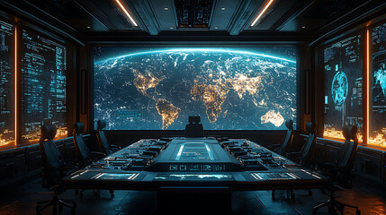 Aufkleber - A futuristic control room with a large screen displaying a view of the earth at night, surrounded by computer screens with data and graphs.