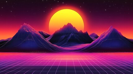 A retro-style 80s digital illustration of a landscape with mountains, a large sun, and a grid pattern in the foreground.