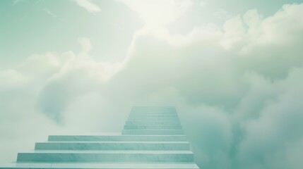 stairway to the skies amidst billowing clouds, illuminated by ethereal light, creating a celestial a