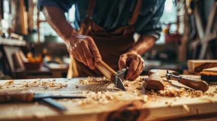 Wall Mural - An artisan meticulously works on wood with a chisel, in a warm, sunlit workshop filled with tools and creativity.