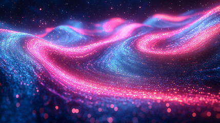 Poster - Abstract background with glowing pink and blue particles swirling in a wave pattern.