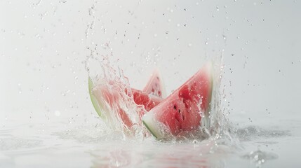 Two watermelon slices crash into water, producing a spectacular splash, embodying the invigorating spirit of a sunny day.