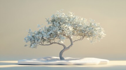 Poster - Serene Bonsai Harmony, minimalist tree sculpture in soft light, elegant branches and textured leaves, peaceful ambiance