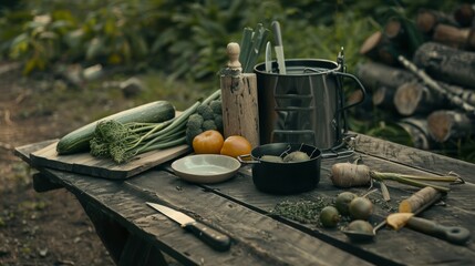 Wall Mural - A laid-back setting with fresh vegetables and herbs on a rustic table, inviting culinary exploration at its finest.