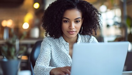 Poster - Woman with curly hair working on a laptop computer
