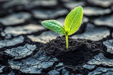 Close up of cracked dry earth landscape with a leaf 