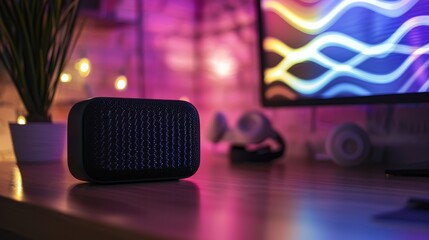 A smart speaker sits on a desk beside a glowing screen, offering dynamic energy through a colorful display of audio visuals, setting a modern tech ambiance.