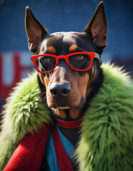 A stylish Doberman wears red glasses and a vibrant green fur coat while posing playfully in an urban setting on a sunny day