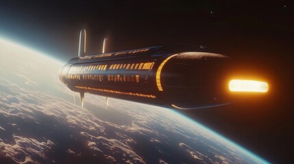 Fototapete - A sleek spaceship hovers above Earth's atmosphere, surrounded by wispy clouds. The vessel features bright lights and a distinct design, symbolizing advanced technology and the future of space travel.