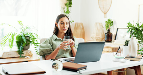 Poster - Water, glass and woman at laptop in home office for research, review and business plan for freelance project. Remote work, relax and consultant at desk with drink, computer and reading online article