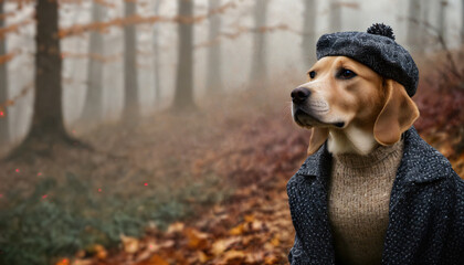 A stylish dog wearing a sweater and a hat sits in a foggy forest with autumn leaves on the ground