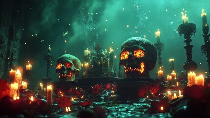 Surreal Day of the Dead with disembodied skulls and glowing altars.