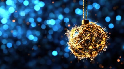 Aufkleber - Glowing festive orb, golden light strands, blue bokeh backdrop, holiday ambiance, warm festive glow, hanging decor.