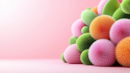 Aufkleber - Colorful fuzzy spheres clustered, soft pastel tones, pink background, playful texture, abstract composition.