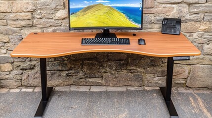 Poster - Modern Standing Desk with Computer Setup in Natural Environment