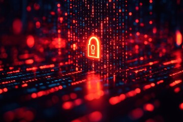 Poster - Red and blue computer screen with a keyhole symbol. The keyhole is lit up. The screen is full of numbers. Business brainstorm session with cyber security experts