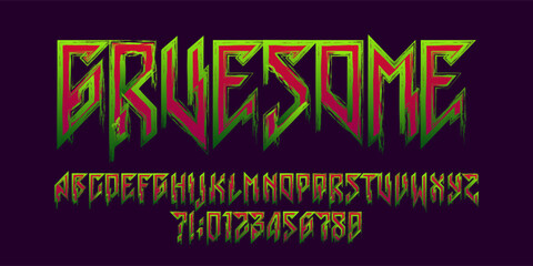 Fototapete - Gruesome alphabet font. Angular gothic letters and numbers with a green slime. Hand drawn vector typography for your Halloween typography.