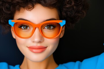 Wall Mural - Woman with blue and orange hair is wearing a blue shirt. Woman with blue hair and orange glasses. Beautiful young woman with creative hair coloring in blue streaks poses on black background