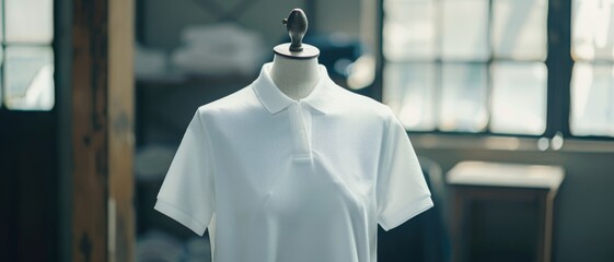 A crisp white polo shirt is elegantly displayed on a mannequin, reflecting minimalist design and casual sophistication in sunlight.