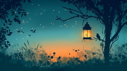 Wall Mural - A magical twilight scene featuring a glowing lantern hanging from a tree, surrounded by fireflies and silhouetted foliage.